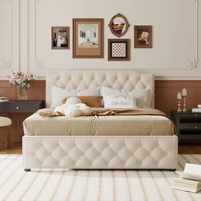 Queen Linen Fabric Upholstered Platform Bed w/USB Ports on Each Side