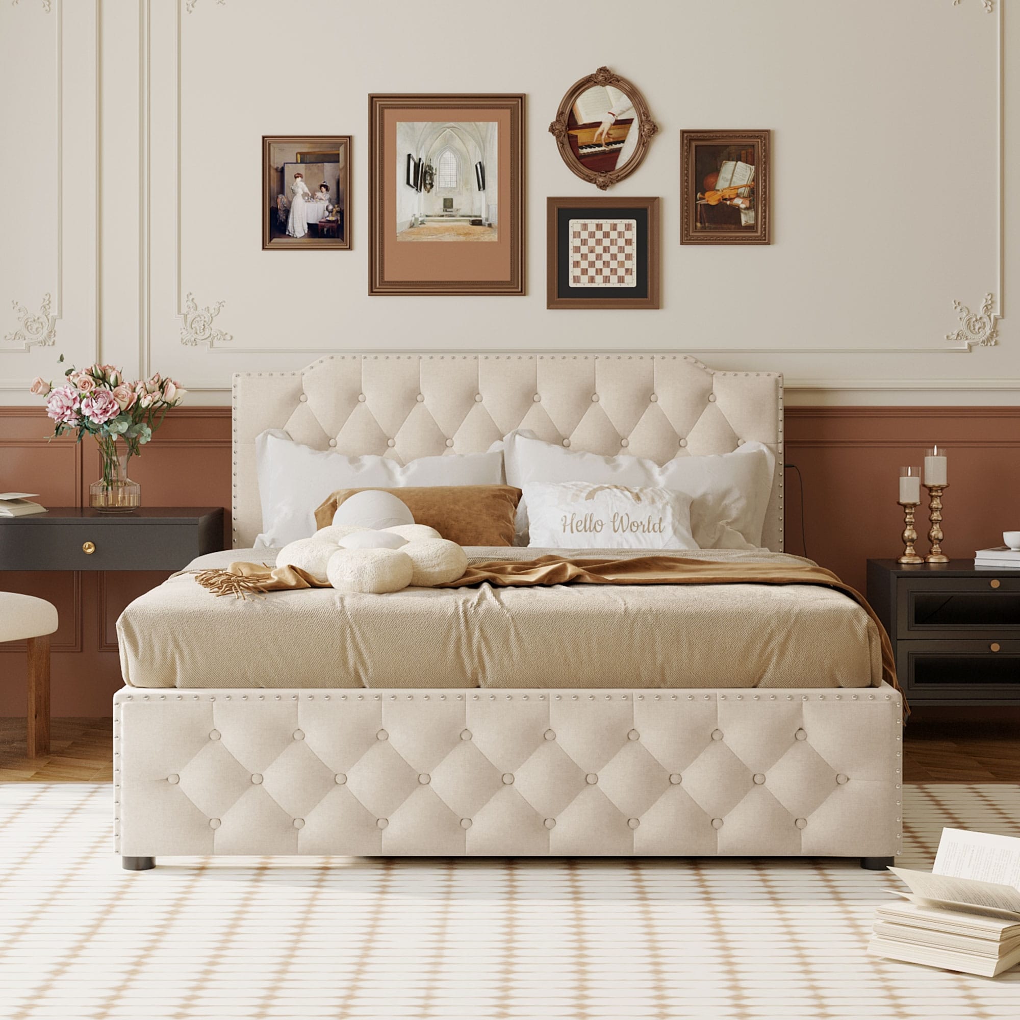 Queen Linen Tufted Platform Bed w2 Sets of USB Ports on each side