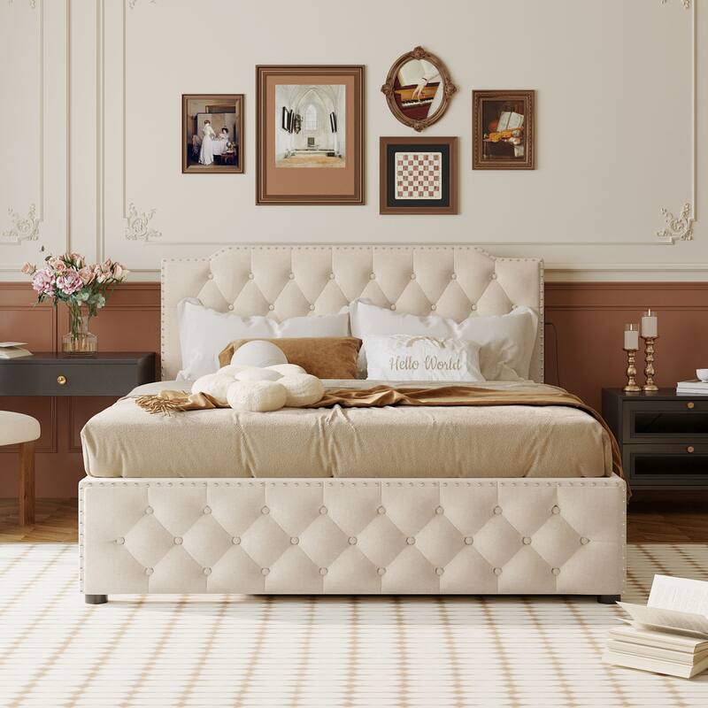 Queen Size Upholstered Platform Bed with Twin Size Trundle and 2 sets of USB Ports on each side, Modern Bed Frame with Headboard