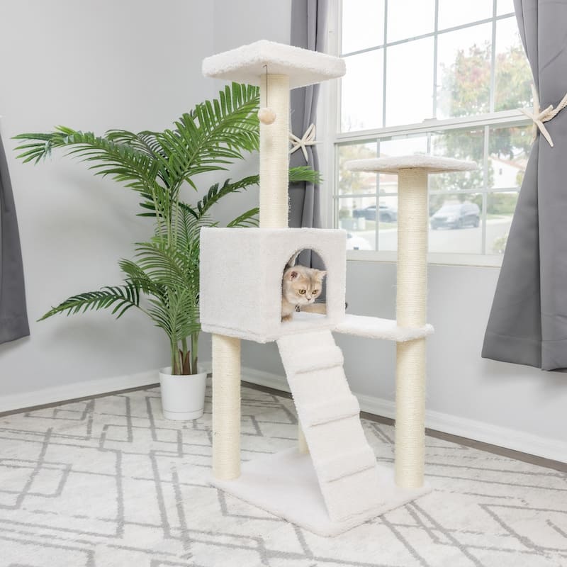 Ivory Fleece Covered 53" High Real Wood Cat tree - Ivory