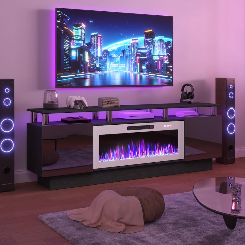 BOSSIN 70" Modern Electric Fireplace TV Stand, with Electronic Flame and LED Lights, High Gloss Finish Entertainment Center - New Black