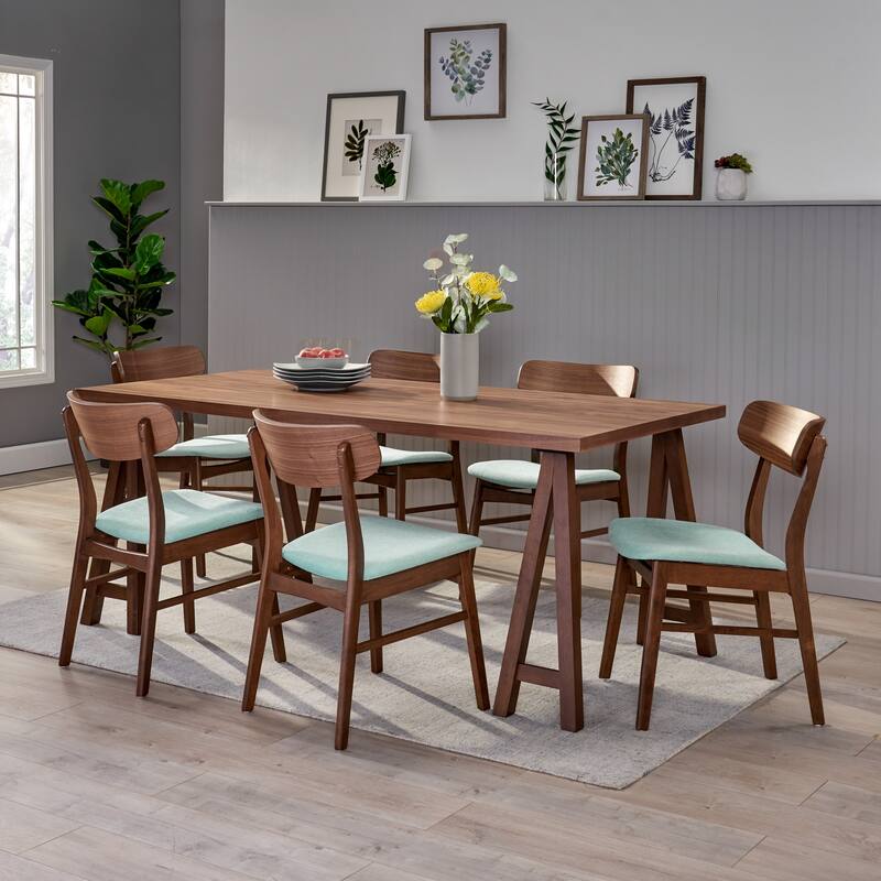 Lucious Mid-Century Modern 7 Piece Dining Set by Christopher Knight Home - Walnut + Mint
