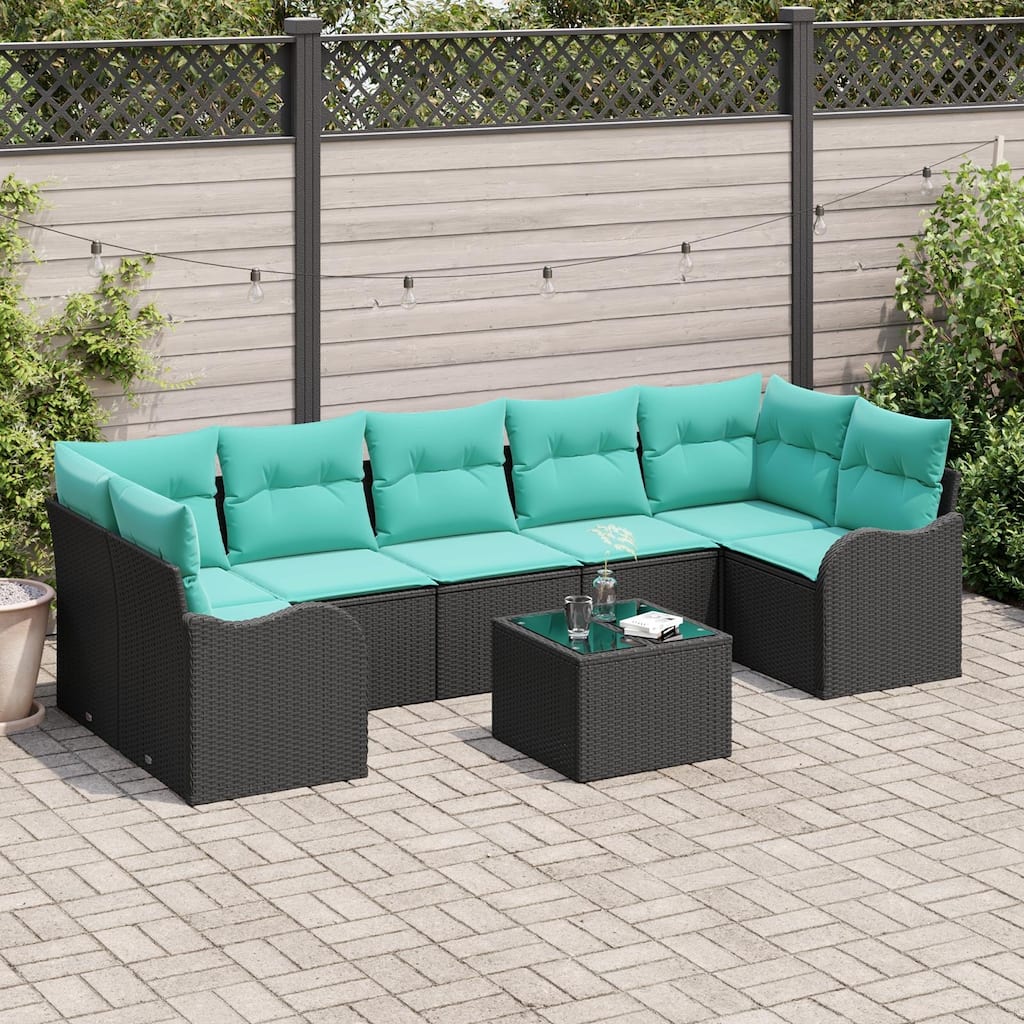 vidaXL 8 Garden Sofa Set with Cushions Black Poly Rattan - 113.8 x 48.2 x 27.2