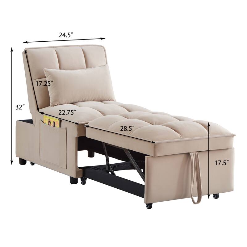 Velvet Multi-Function Chair Bed with Adjustable Backrest, Storage Pockets and Convertible Chaise Design