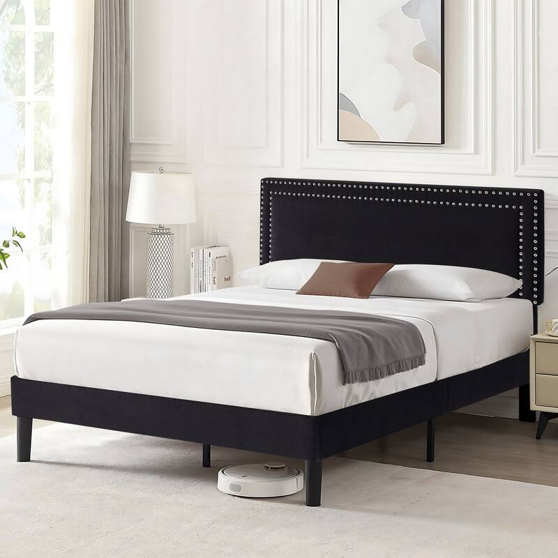VECELO Upholstered Bed Frames with Height Adjustable Headboard - Black - Full