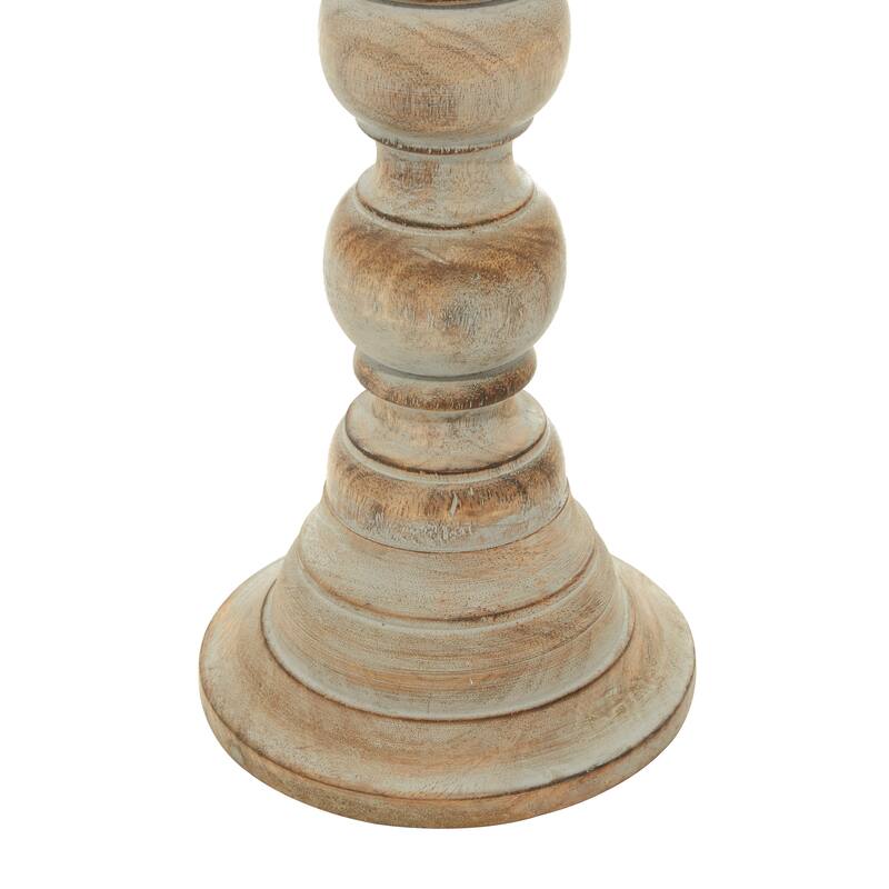 Brown Mango Wood Handmade Candle Holder with Turned Style (Set of 3)