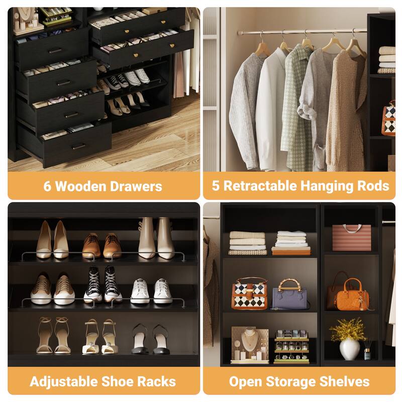 Set of 2 Closet Organizer System with Wood Drawers, Amoire Wardrobe with Hanging Rods
