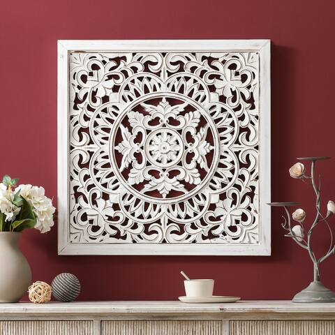 Distressed White Wood Floral Square Wall Decor