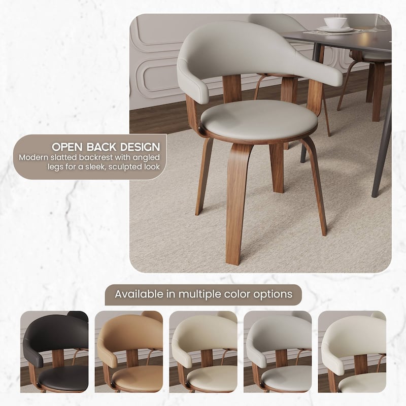 Leather Dining Chair in Solid Wood Accent Arm Chair Open Curved Back Design