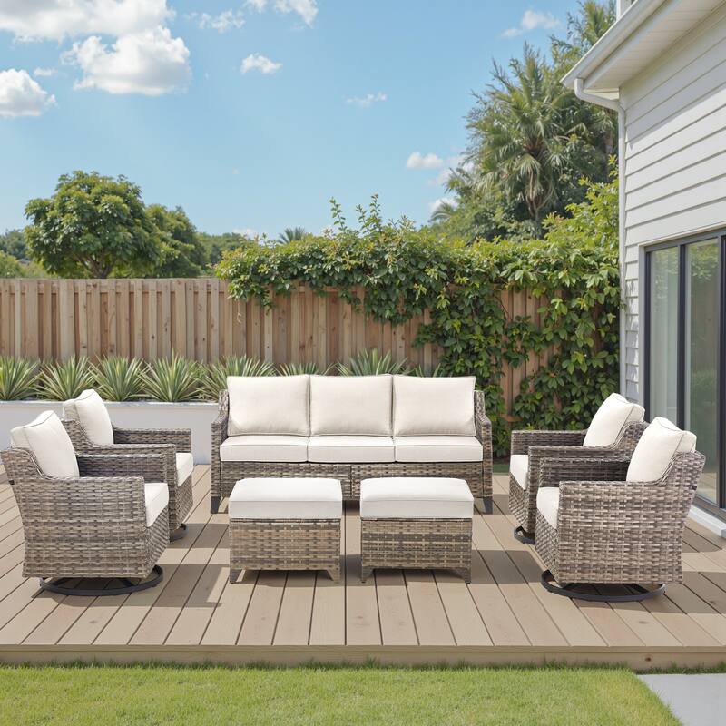 Pocassy Wicker Patio Sofa Glider Swivel Chair Ottoman Furniture Set. - Beige Cushion Gray Wicker - 7-Piece Sofa Swivel Chair w/ Ottoman Set