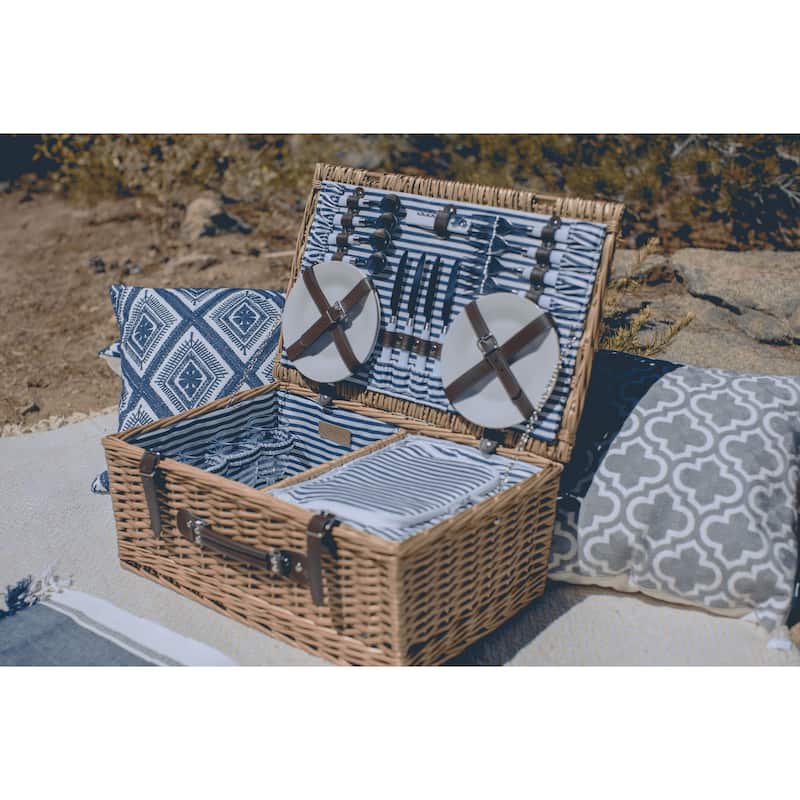 Picnic Time - Belmont Picnic Basket, (Navy Blue & White Stripe)