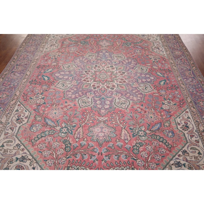 Pink Tabriz Persian Vintage Area Rug Hand-Knotted Wool Carpet - 8'0"x 11'0"