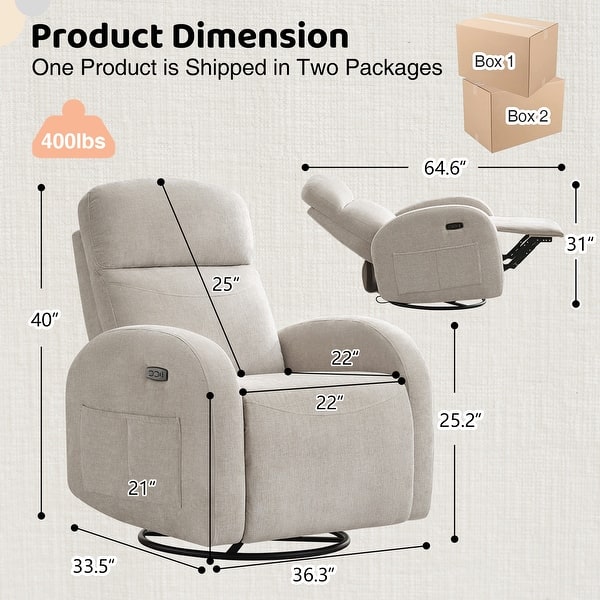 dimension image slide 5 of 12, Power Swivel Rocker Glider Nursery Recliner with USB Port Set of 2