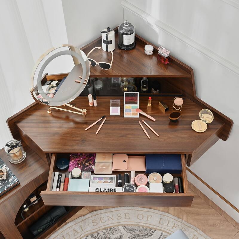 Small Space Corner Vanity Desk with LED Mirror and Adjustable Lights
