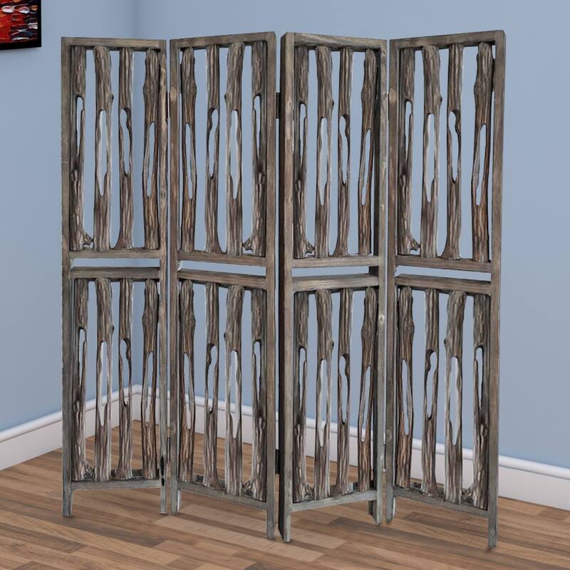 Contemporary 4 Panel Wooden Screen with Log Design, Brown