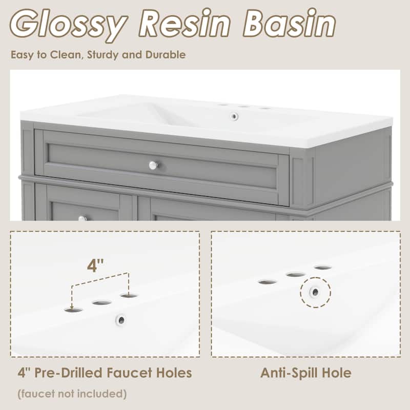 36" Bathroom Vanity with Top-Mount Sink - Modern Cabinet with 2 Drawers + Tip-Out Tray - Complete Single Sink Vanity Set