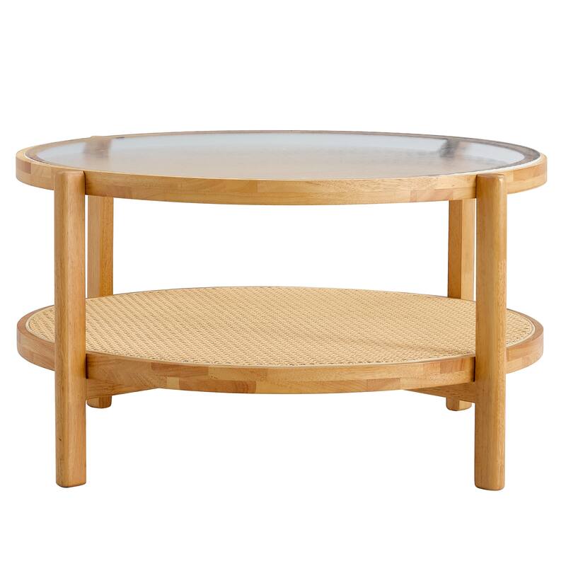 Roomfitters Small Round Rattan Side Table with Solid Wood Frame, Double-Layer Tea Table for Living Room