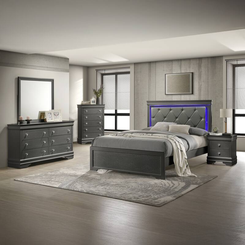 Blaze 4PC/5PC Bedroom Set - Modern Elegance with Tufted LED Bed, Velvet-Lined Drawers, and Textured Detailing - Blaze Queen 5PC Gray - Queen - 5 Piece