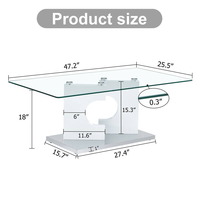 47.2" Modern Rectangular Coffee Table with Tempered Glass Tabletop and MDF Legs