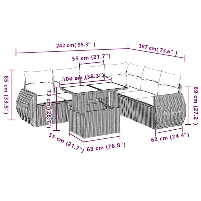 vidaXL 7 Piece Patio Sofa Set with Cushions Black/Brown/Gray Poly Rattan - 24.4 x 24.4 x 27.2