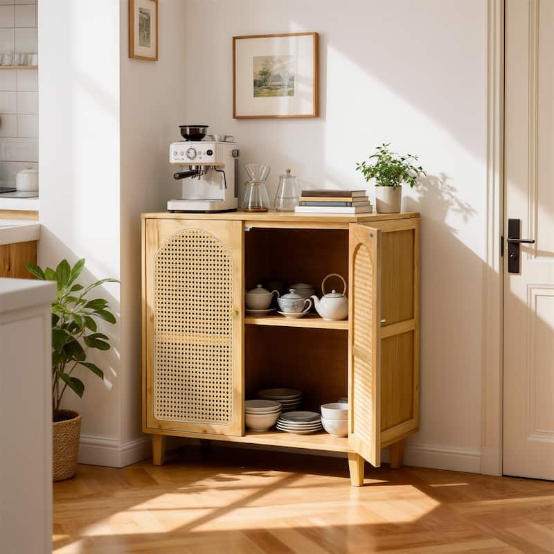 Kitchen Pantry Cabinet Bamboo Sideboard Buffet Cabinet with 2-tier Storage Rattan Door - 29.53"x15.35"x32.28"