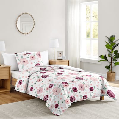 Burgundy and Pink Watercolor Floral Girl 2pc Twin Comforter Set - Blush Maroon Wine Rose Green Shabby Chic Flower Farmhouse