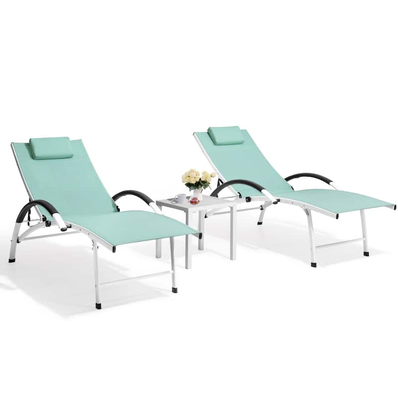 3-piece Outdoor Adjustable Aluminum Reclining Chaise Lounge Chairs with Wheels and Side Table Set