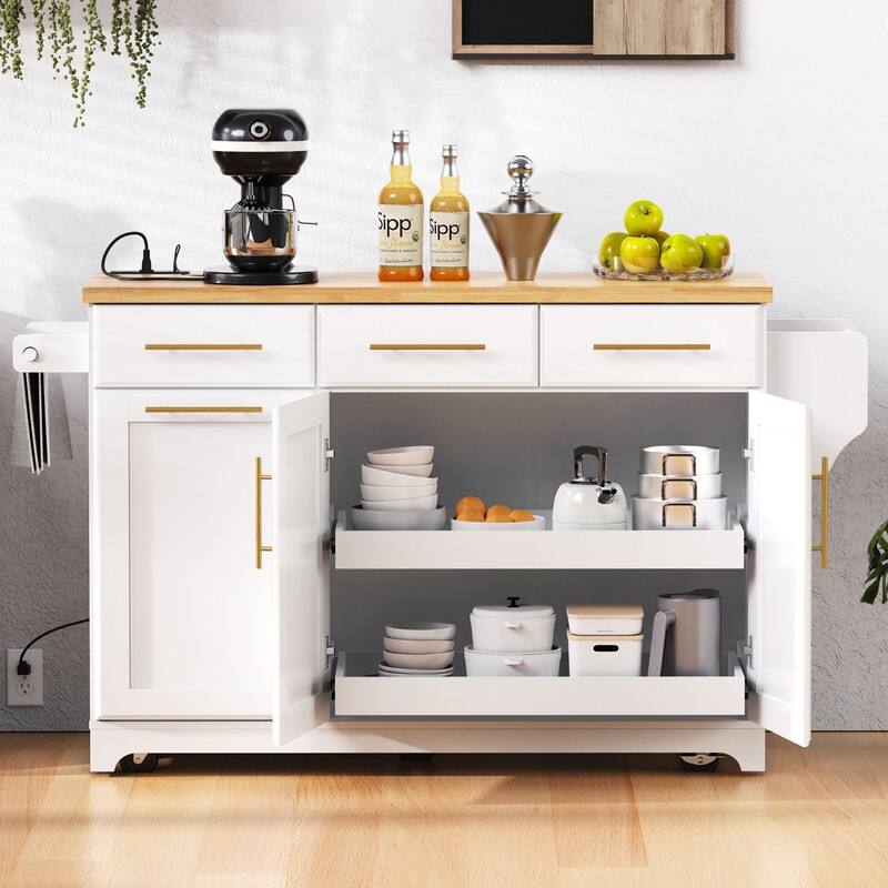 59" Rolling Kitchen Island on Wheels with Trash Can Storage Cabinet, Island Table for Kitchen with Power Outlet, Storage Rack
