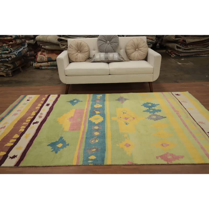 Hand Knotted Oriental 100% Wool Carpet Modern Geometric Green Gabbeh Area Rug - 9' 2'' X 5' 10''