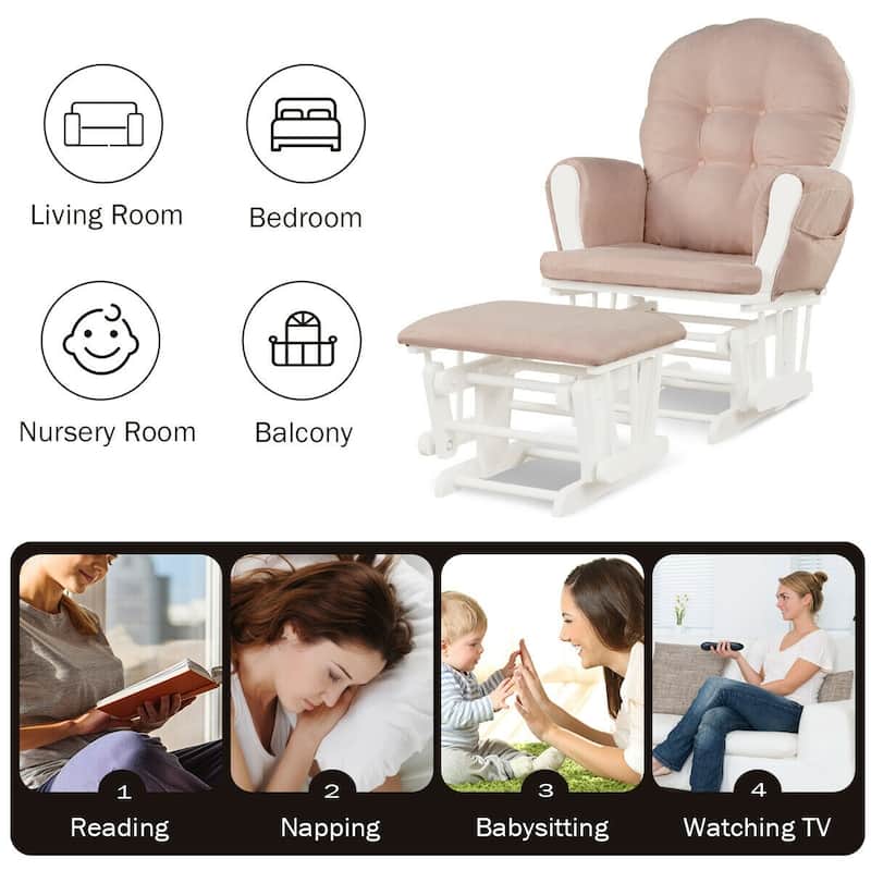 Solid Wood Gliding Chair Set with Storage Pockets and Ottoman for Relaxing - 29.5" x 28.5" x 39.5" (L x W x H)