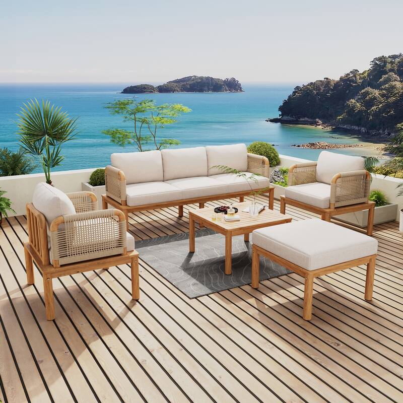 Outdoor 5-piece Acacia Wood and Rope Patio Sofa Set