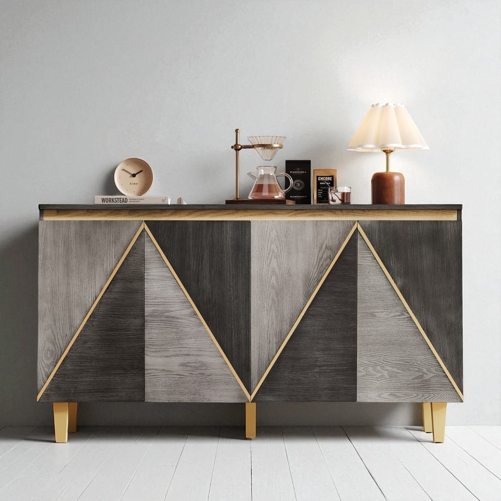 60" Vintage Sideboard Buffet Cabinet with 4 Doors, Adjustable Shelves, Distressed Finish and Cable Holes