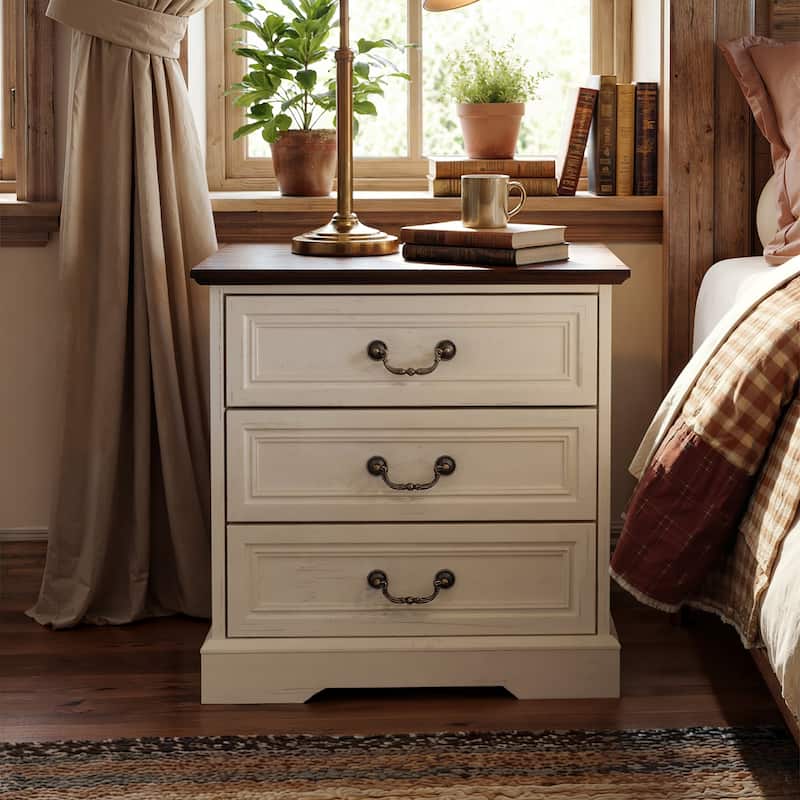 Farmhouse Nightstand with Charging Station, 3 Drawer Bedside Table with 2 AC Outlets & 2 USB Ports, Rustic Wood End Table - Light Wood