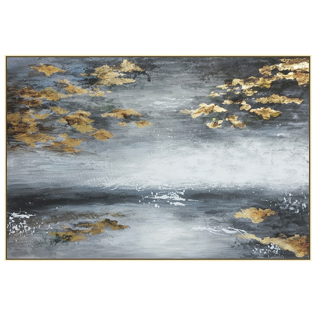 39 x 59 Hand Painted Sky with Gold Foil Clouds, Silver Frame, Resin Coat - Gray, White, Gold, Silver