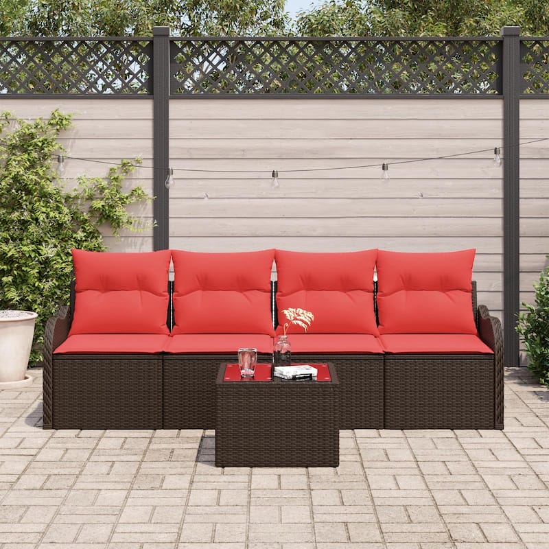vidaXL 5 Garden Sofa Set with Cushions Black/Brown/Grey Poly Rattan - 90.9 x 24.4 x 27.2