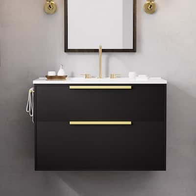 36-Inch Wall-Mounted Bathroom Vanity with Double Drawers, Towel Bar, and Square Basin – Modern Solid Wood Look