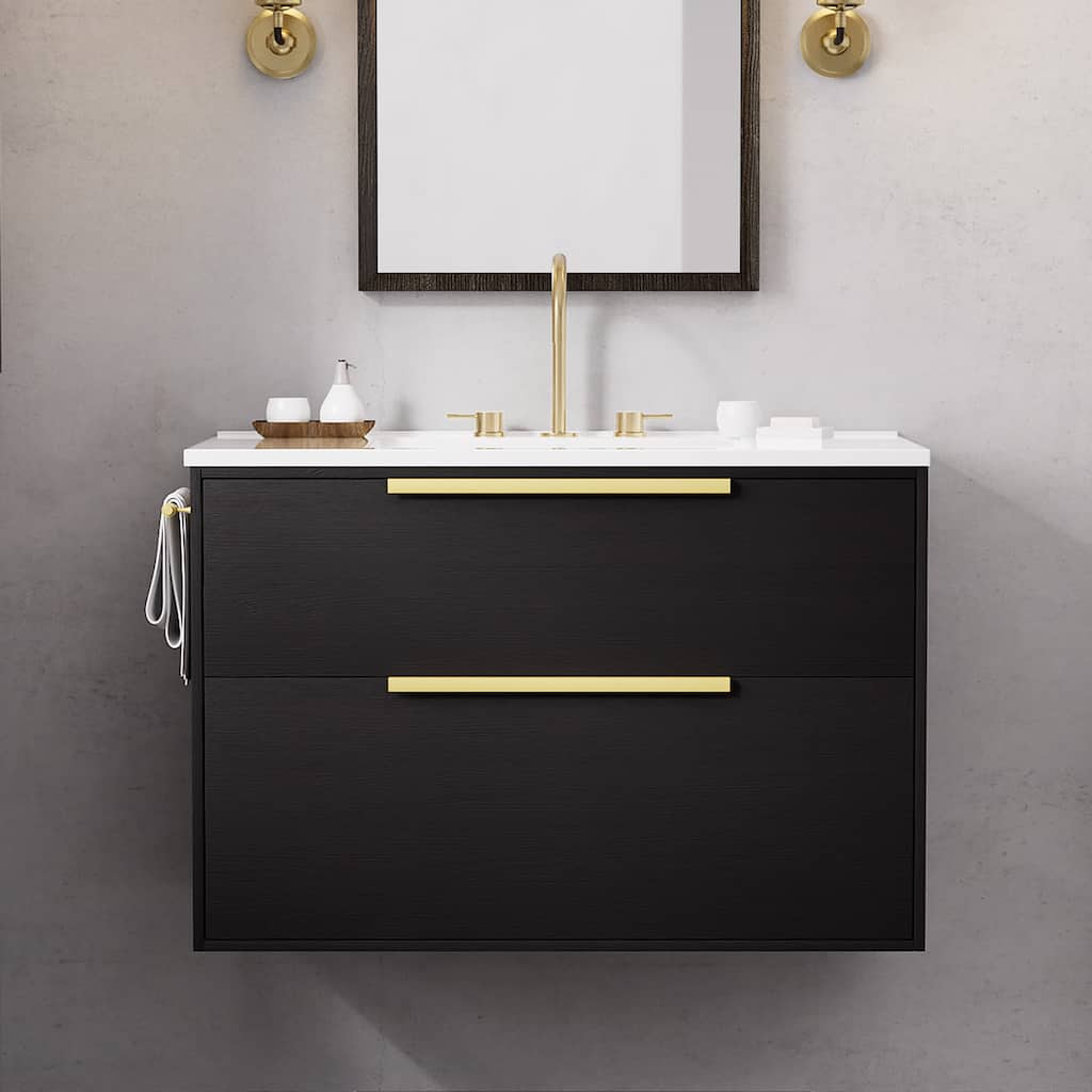 36-Inch MDF Wall-Mounted Bathroom Vanity with Double Drawers - Modern Solid Wood Look