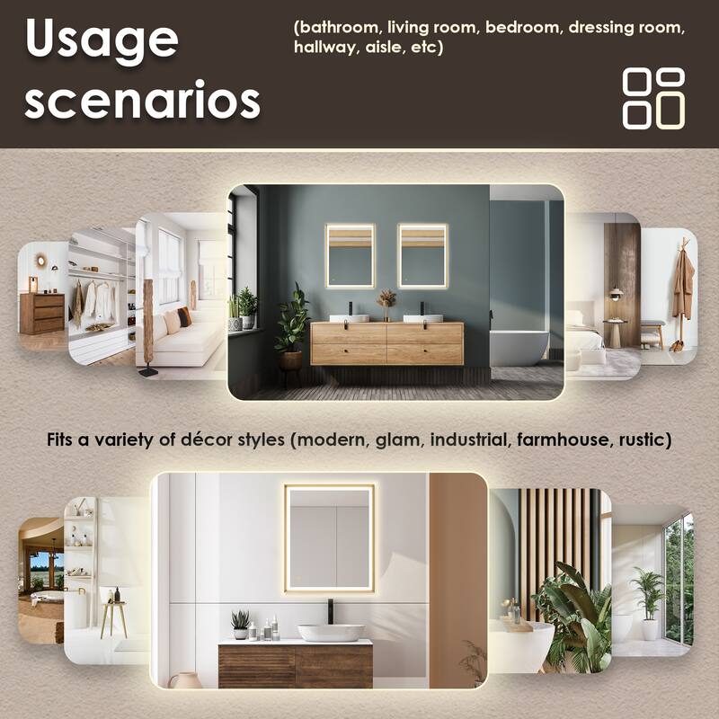 Apollo Rectangular Anti-Fog Dimmable Modern Bathroom/Vanity LED Lighted Wall Mirror in Brushed Gold Aluminum Framed