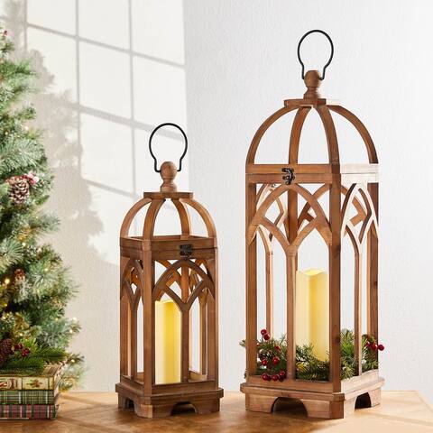 Glitzhome Set of 2 Farmhouse Wooden Church Window Frame Lanterns