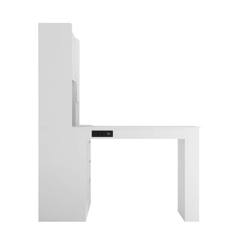 L Shaped Desk with Charger,Computer Desk with Drawers,Bookshelf, with LED Light,Corner Gaming Computer Desk with Storage