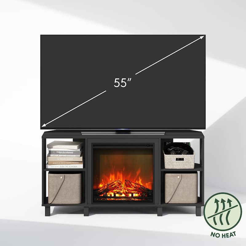 Furinno Jensen No Heat Decorative Electric Fireplace Corner TV Stand for TV up to 55 Inch with 4 Open Compartments
