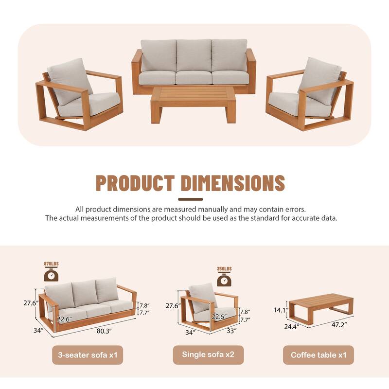 Outdoor Conversation Set 4-Piece Eucalyptus Wood 3-Seater Sofa Weather‑resistant Rope Weave with Coffee Table