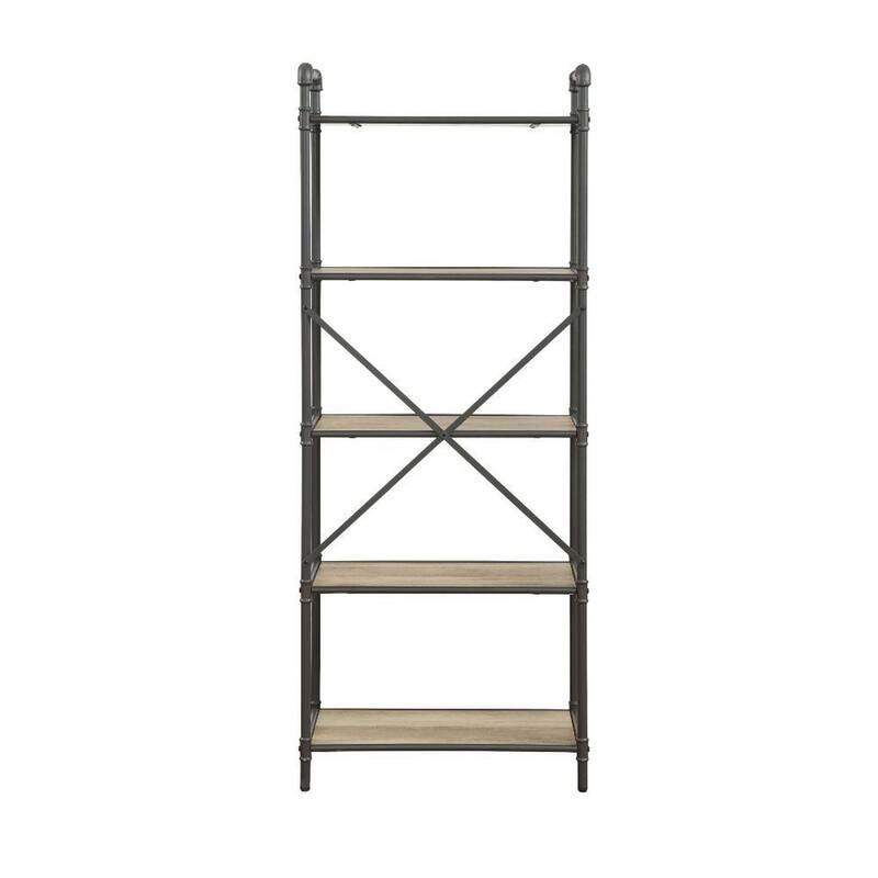 Five-Tier Metal Bookshelf With Wooden Shelves, Oak Brown & Gray