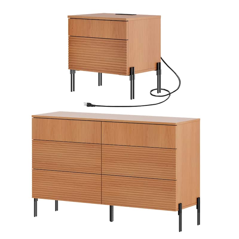 WAMPAT 2 Pcs Bedroom Set, 6 Drawer Dresser And Nightstand Set For Bedroom,Hidden Handles, Reed Pattern & Double Chopsticks Legs - Mocha