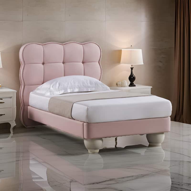 Jeny Queen Size Bed, Pink Leather Upholstered Tufted Headboard, Wood