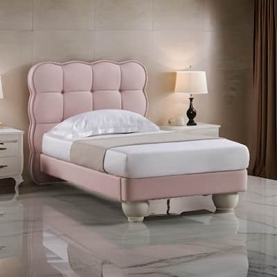 Jeny Queen Size Bed, Pink Leather Upholstered Tufted Headboard, Wood