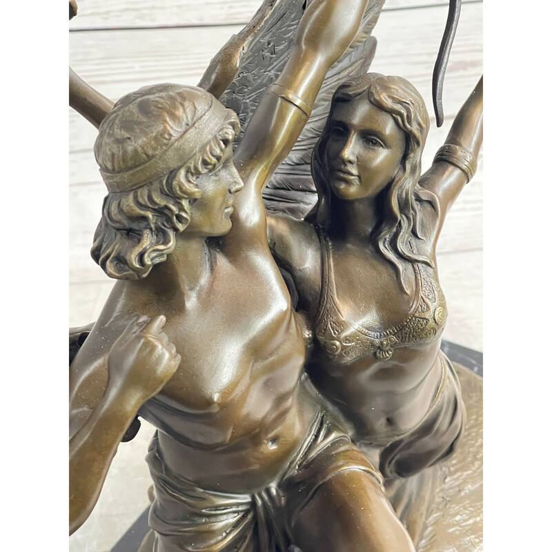 Romantic Bronze Sculpture Of Winged Lovers On Marble Base Zephyrus Psyche Mythical