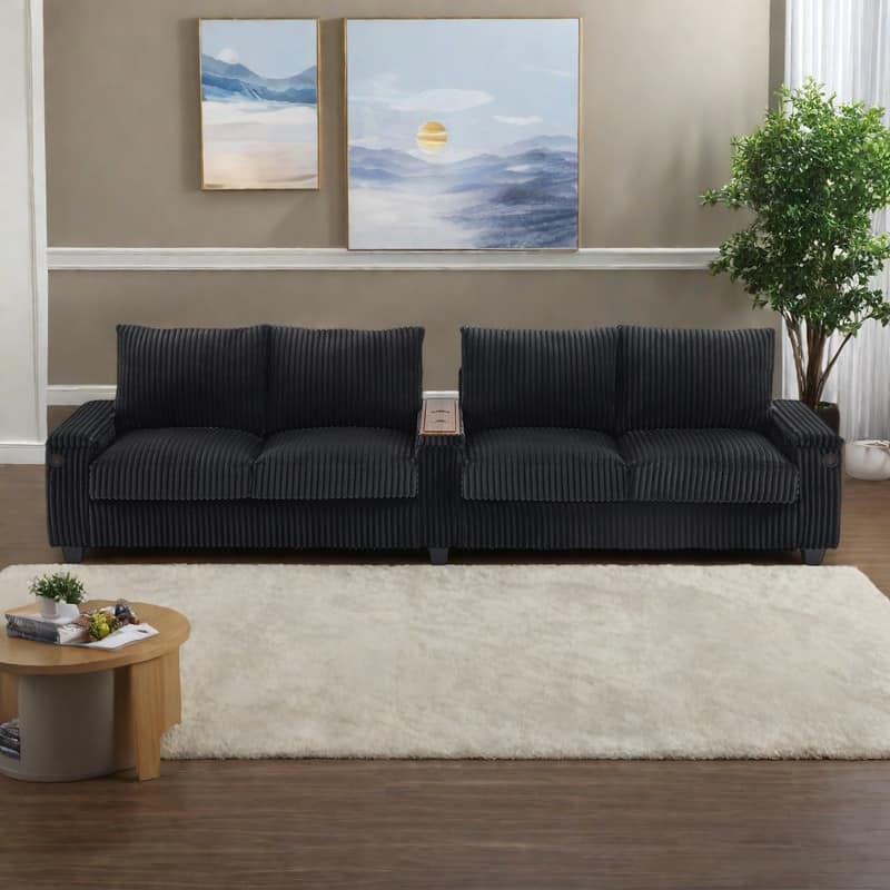 133" Corduroy 4-Seater Sofa with USB Ports, Flip-Top Cup Holders, and Hidden Storage
