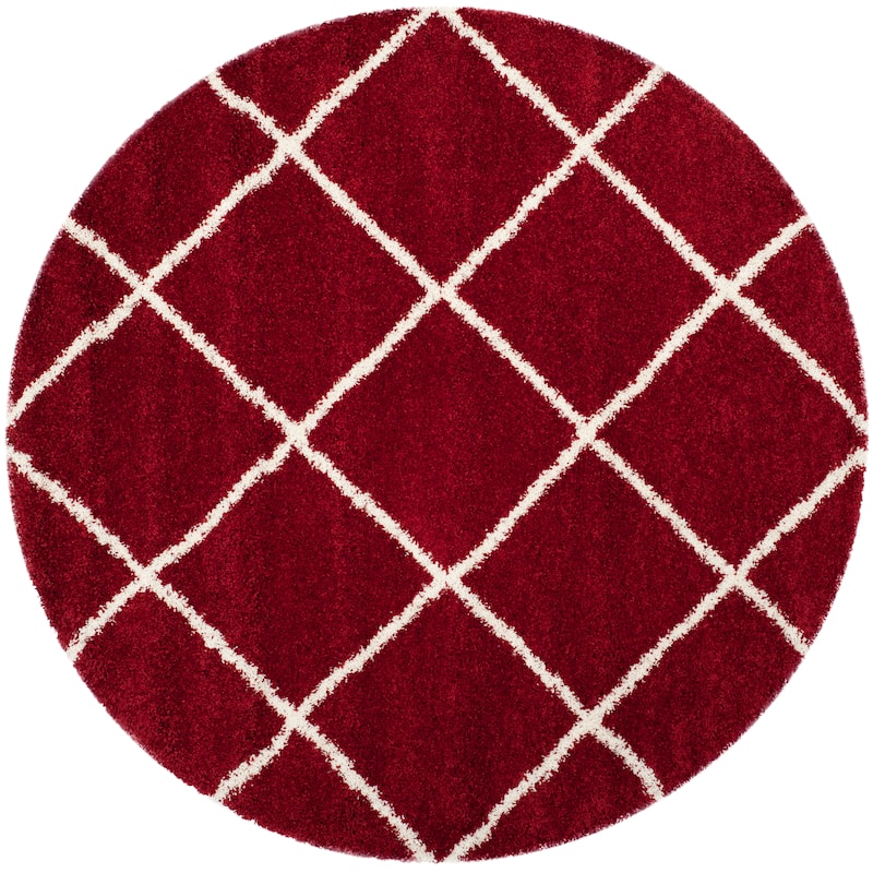 SAFAVIEH Hudson Shag Estella Diamond Trellis 2-inch Thick Rug - 7' x 7' Round - Red/Ivory