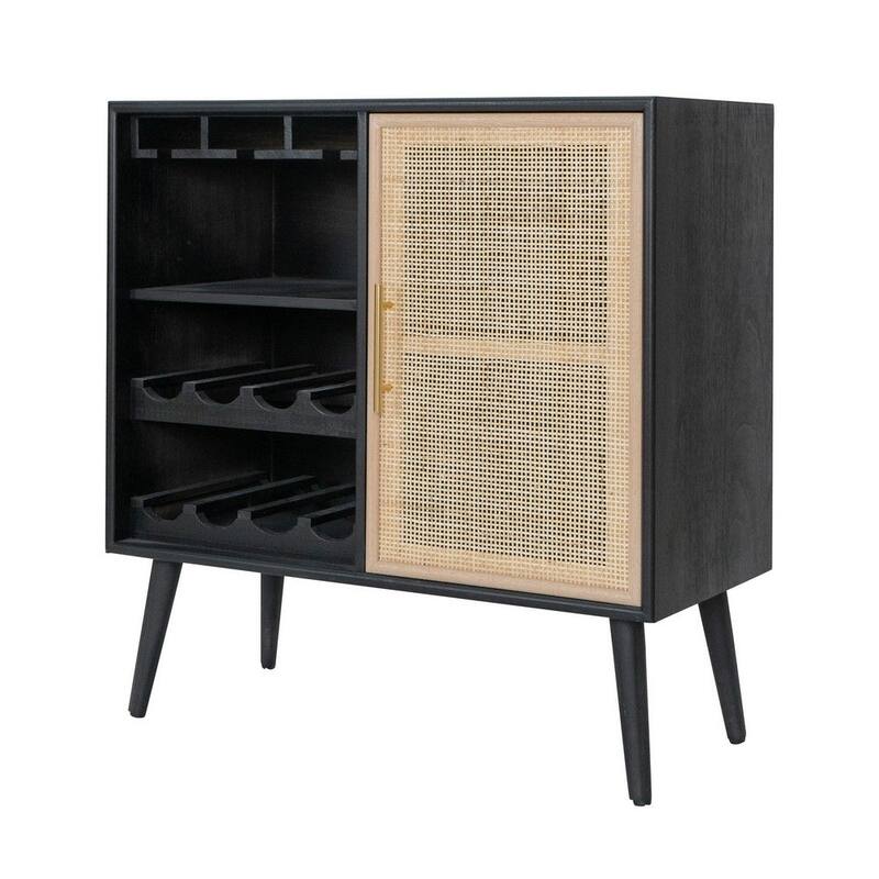 Wood Wine Cabinet, 2 Shelves, 11 Racks, Rattan Door - 31 H x 14 W x 29.5 L Inches